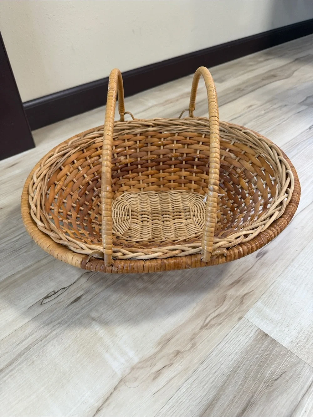 Vintage Large Woven Rattan Basket Double Handles Pedestal Boho Farmhouse Décor